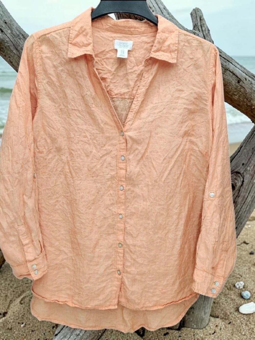 Sigrid Olsen 100% Linen Button Up Shirt Womens 1X Light Peach Resortwear Coastal